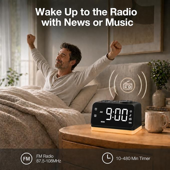 JALL Digital Alarm Clock with FM Radio for Bedroom, 8 Colors Night Light with 2 Charging Port, Sleep Sound Machines with Timer, Dual Alarm, Loud Alarm and Easy to Use for Seniors as Gift