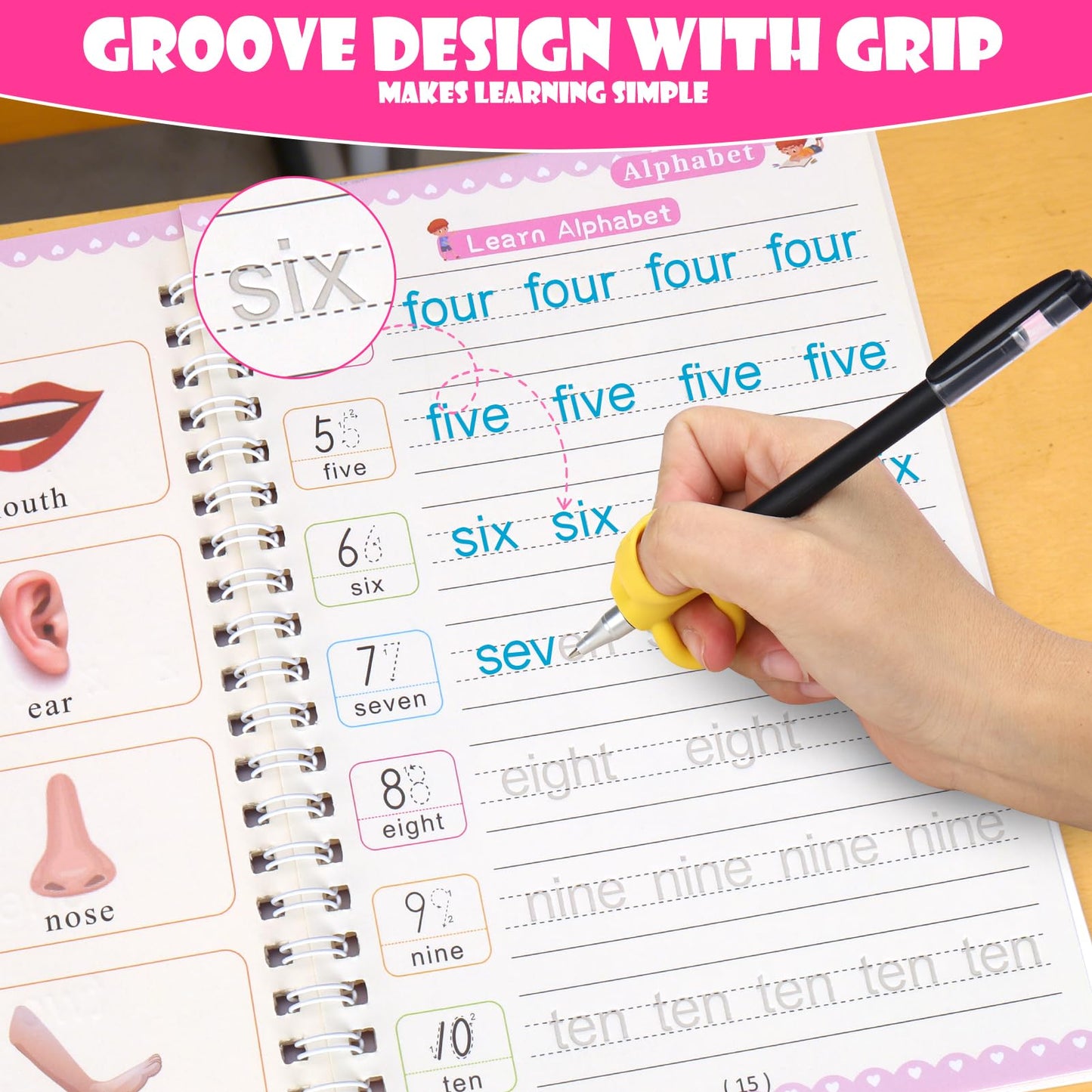 6 Pack Magic Grooved Writing Practice Books for Kids,Reusable Handwriting Practice with Pen,Pencil Grisp,Cute Seal and Learning Schedule ,Pecfect Tracing Copybook for Kindergarten Preschool Age 3-8