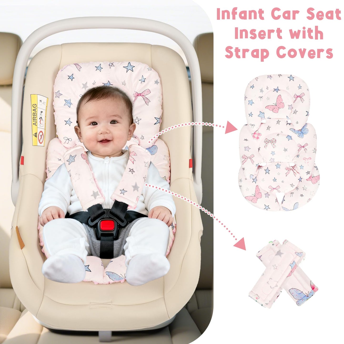 GFU Infant Car Seat Insert Head and Body Support, Reversible Newborn Insert for Carseat with Strap Pads, Soft Stroller Cushion Pillow Insert for Boys and Girls, Fits for Stroller, Swing，Pink