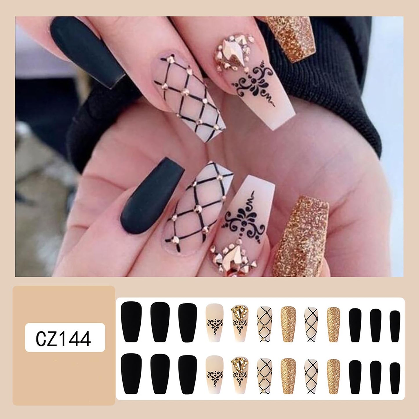 Medium Press On Acrylic Nails with Black Grid Designs - Full Cover Coffin Glossy Golden Diamond False Nails, Reusable Set for Women
