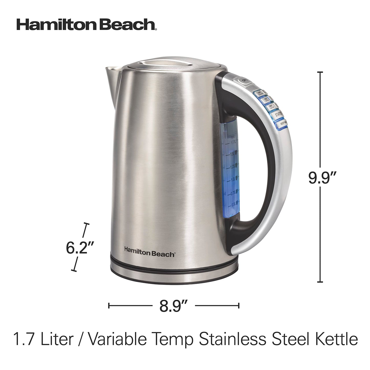 Hamilton Beach 1.7 Liter Temperature Control Electric Kettle, Water Boiler & Heater, Fast Boiling 1500 Watts, BPA Free, Cordless, Auto-Shutoff and Boil-Dry Protection, Stainless Steel (41020R)