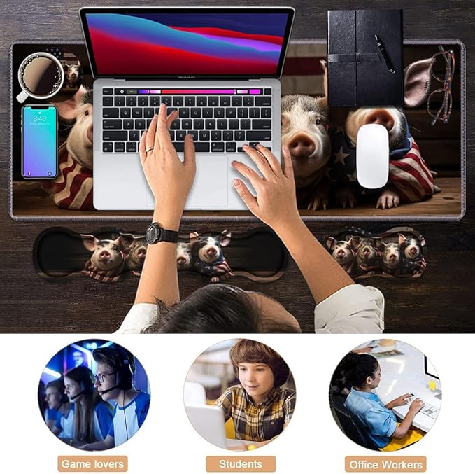 Ergonomic Keyboard Wrist Rest & Mouse Pad Wrist Rest Set, Large XXL Gaming Desk Mat 31.5"x 11.8" with Memory Foam, Easy Typing Pain Relief for Office & Home, Funny Piggy Wrapped in American Flag
