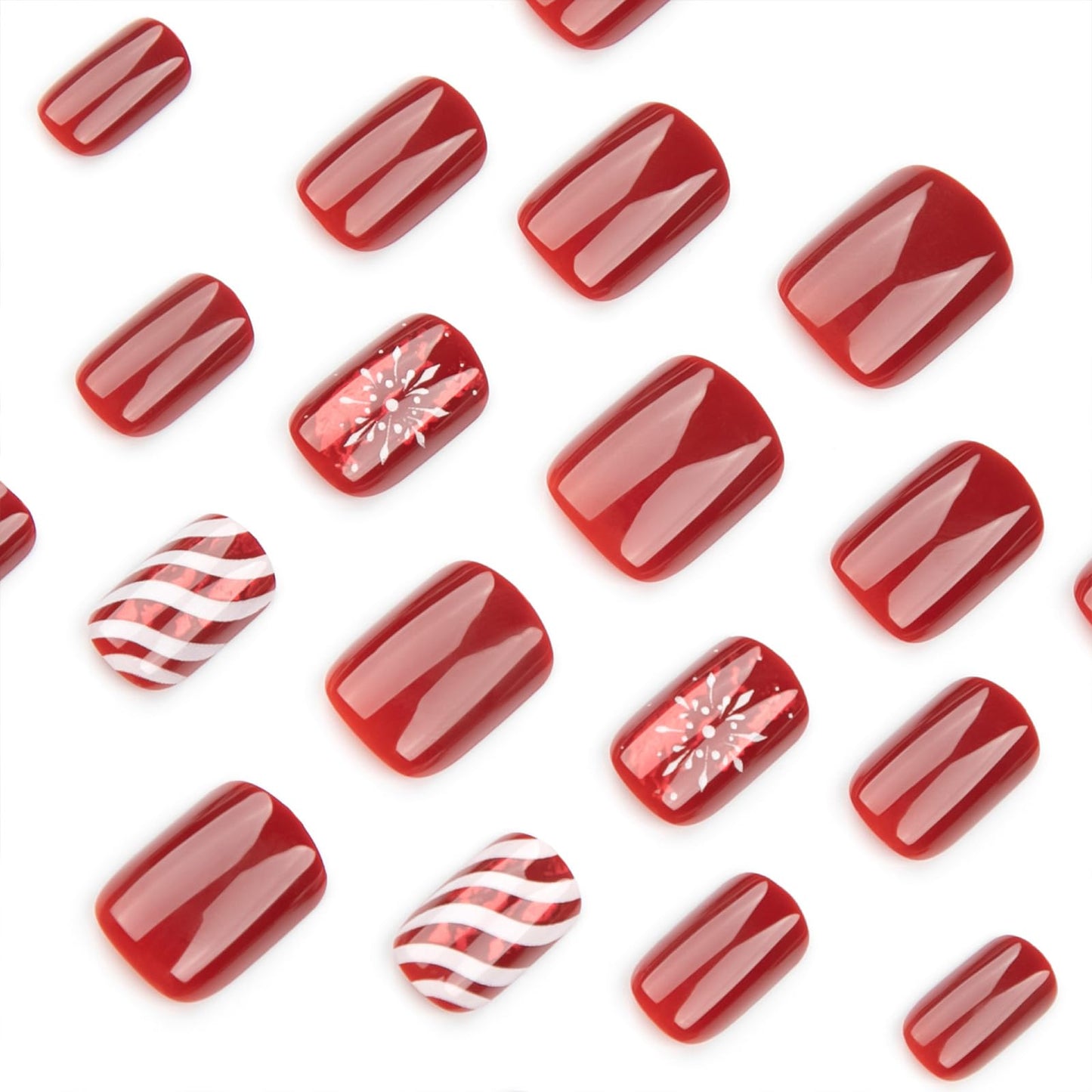 Christmas Red Press on Nails Acrylic Nails: Short Square Fake Nails Winter Xmas Press on Nails with Snowflake Design, Glossy False Nails Christmas Glue on nails for Women 24Pcs