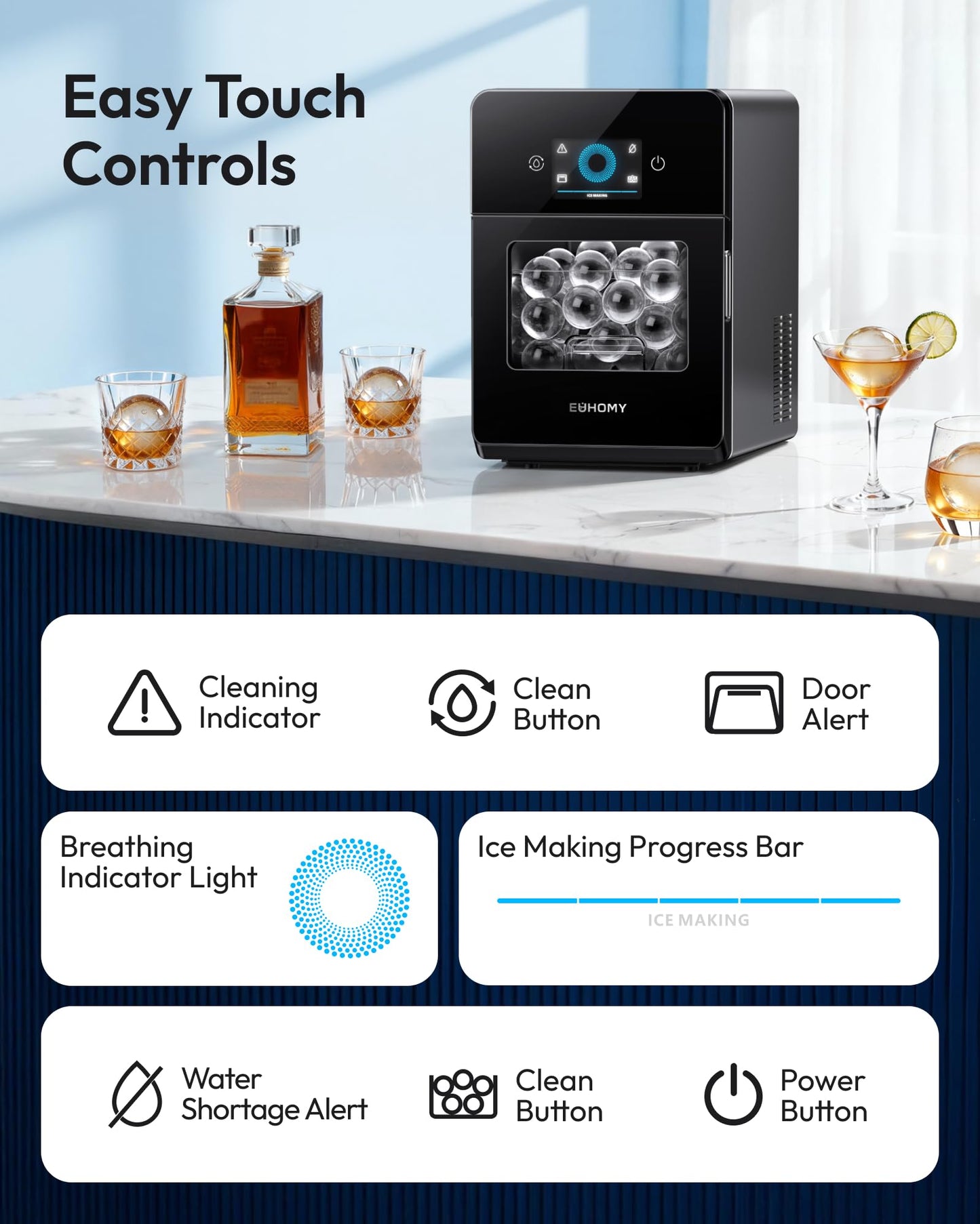 EUHOMY 2.4" Ice Ball Maker Countertop, 3Pcs Ready in 40Mins, 108Pcs/Day, Self-Cleaning Sphere Ice Maker Machine with Crystal Clear Ice, Round Ice Cube Maker for Whiskey & Bourbon