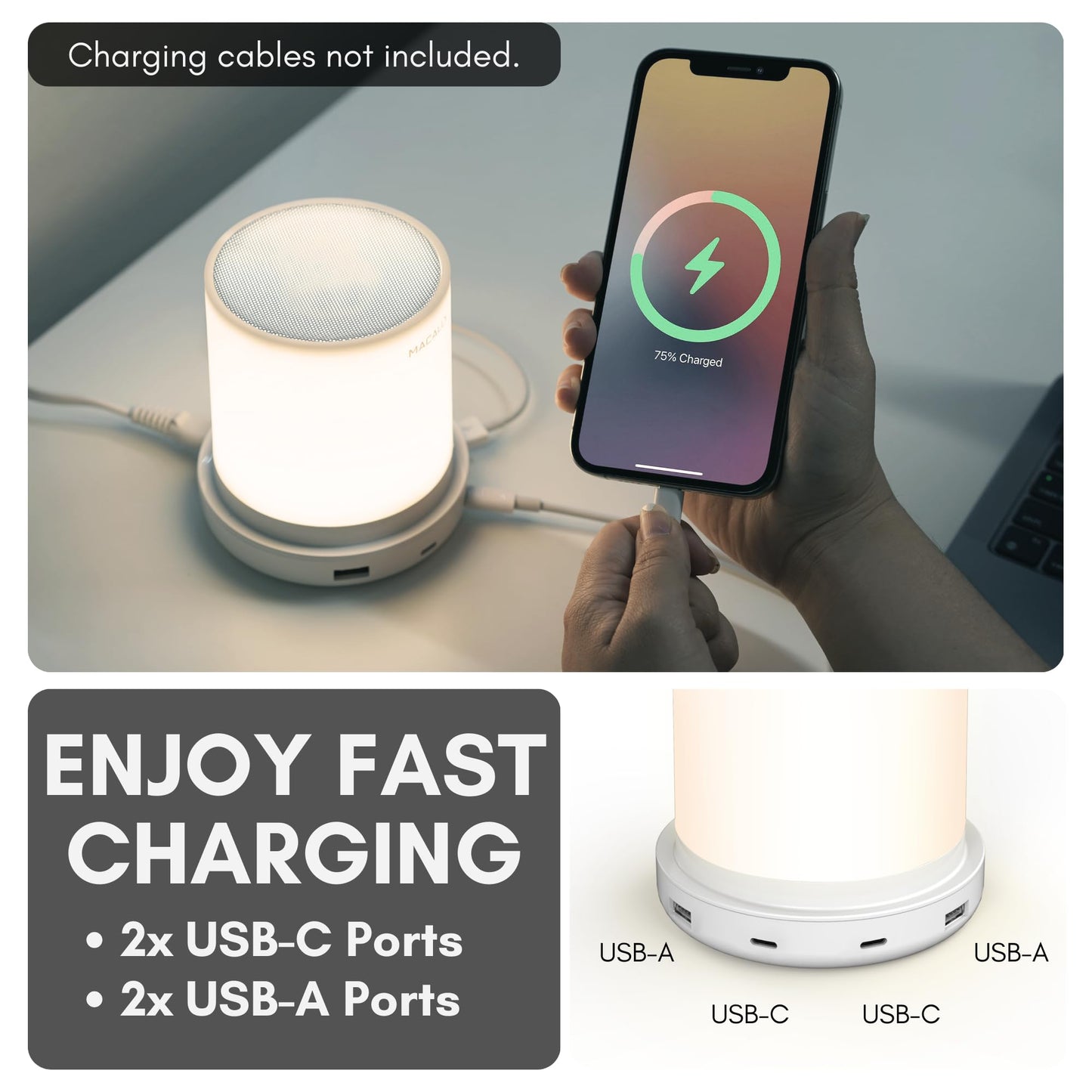 Macally Small Bedside Lamp with USB Ports (USB C + A) - Fast Charging Bedside Light and 3 Way Dimmable Touch Lamp for Nightstands - Great as a Night Light and Charger for Bedrooms