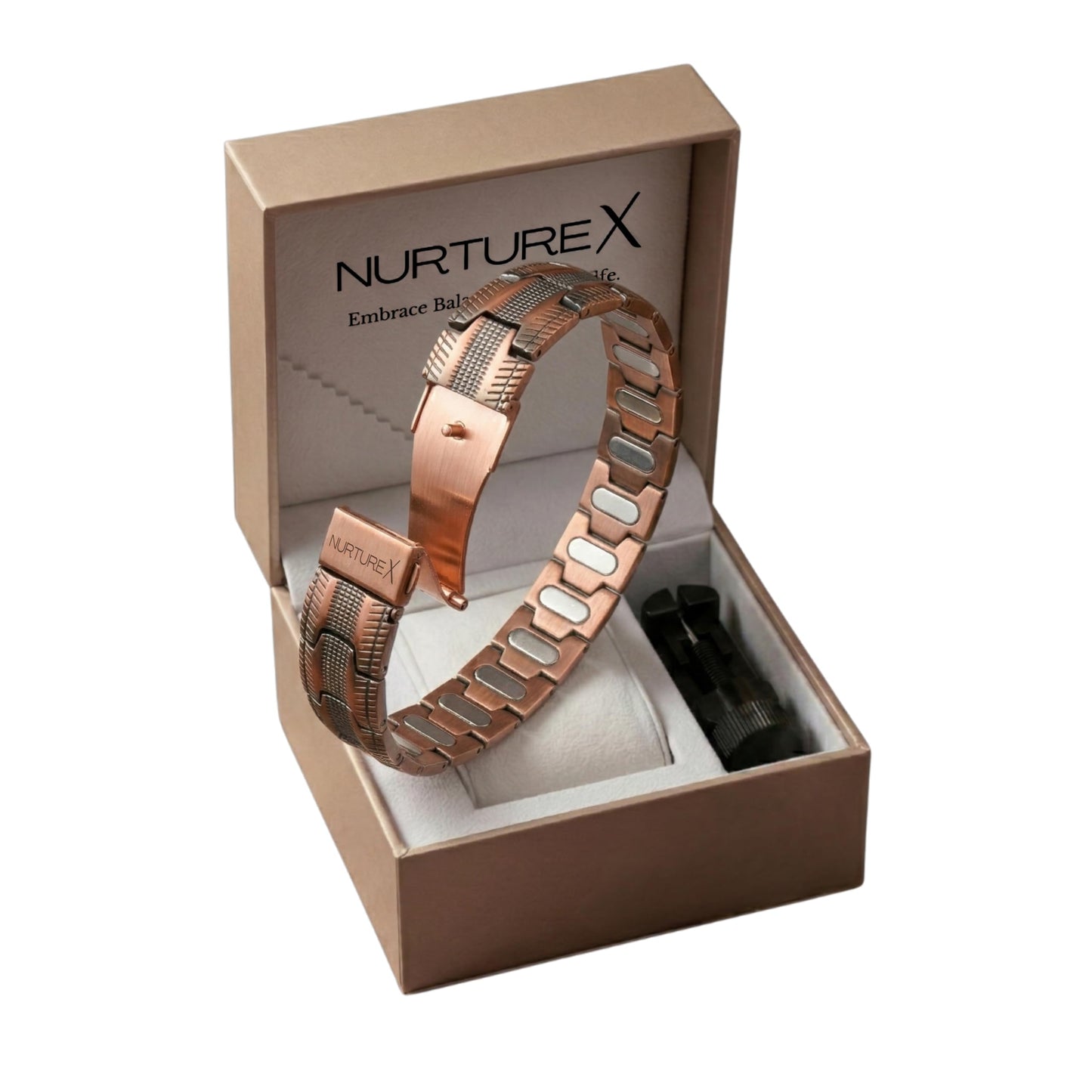 NurtureX 10K Therapeutic Pure Copper Magnetic Bracelet for Men, Ultra Powerful Gauss Adjustable Magnet Therapy Bracelet with Fold Over Clasp, Includes Sizing Tool, Extra Link Pins, Cleaning Cloth, Best Gift for Men - (Bioflow MAX)