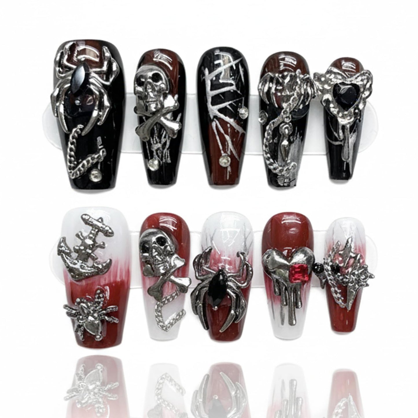 Handmade Skeleton Press On Nails long Coffin Reusable Stick On Fake Nails Luxury Elegant Sexy Style For Women Gift With Nail Glue Red Black S