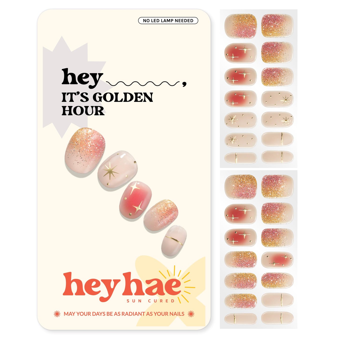 Heyhae Semi Cured Gel Nail Strips | No LED Lamp Needed | Ombre, Gold, Spring | Easy Apply & Remove, Salon Quality | Includes 28 Strips, 1 Prep Pads, Nail File & Wooden stick - Hey, It's Golden Hour