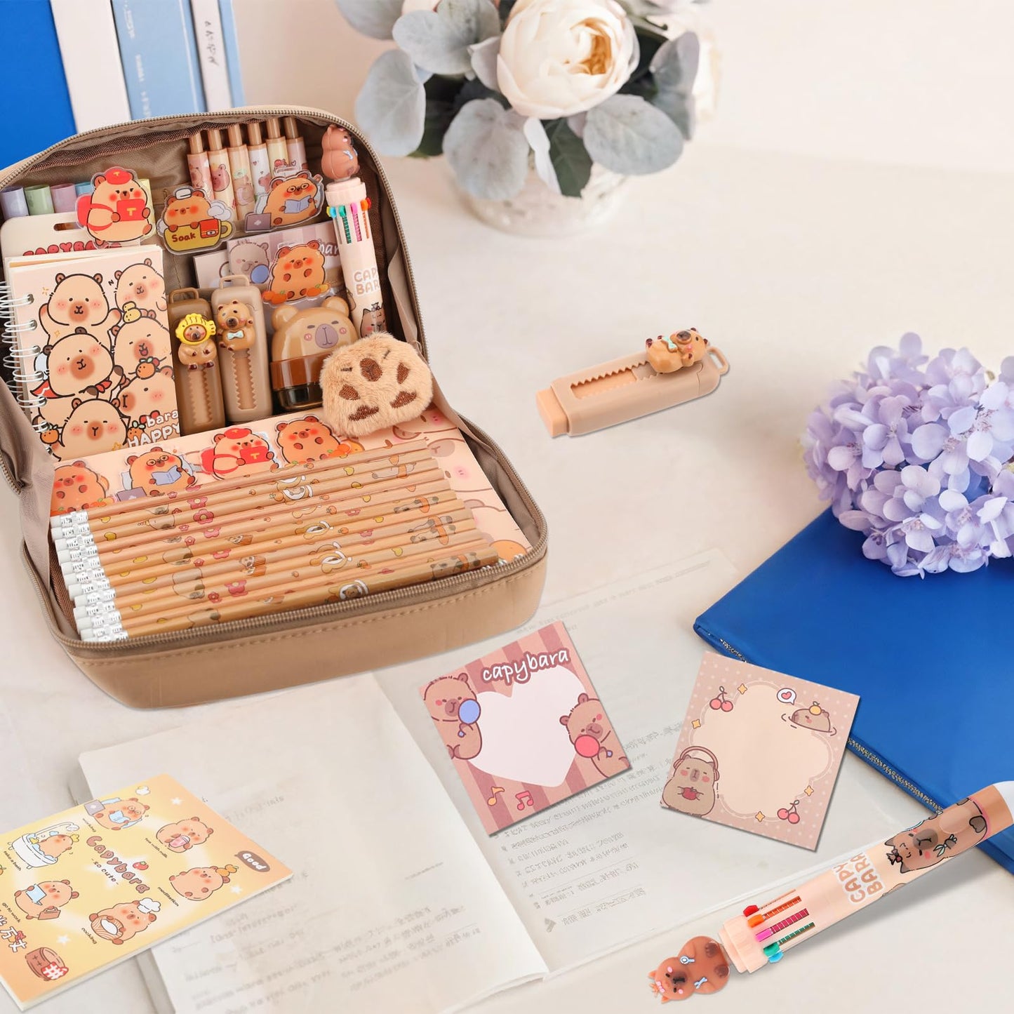 Lebaley Capybara Gifts - 27PCS Capybara Pencil Case，Capybara Stationery Set，Cute Back to School School Supplies，Pencil Bag include Gel Pens Pencil Sticky Notes Pins Notebook Card Holder Key Chain