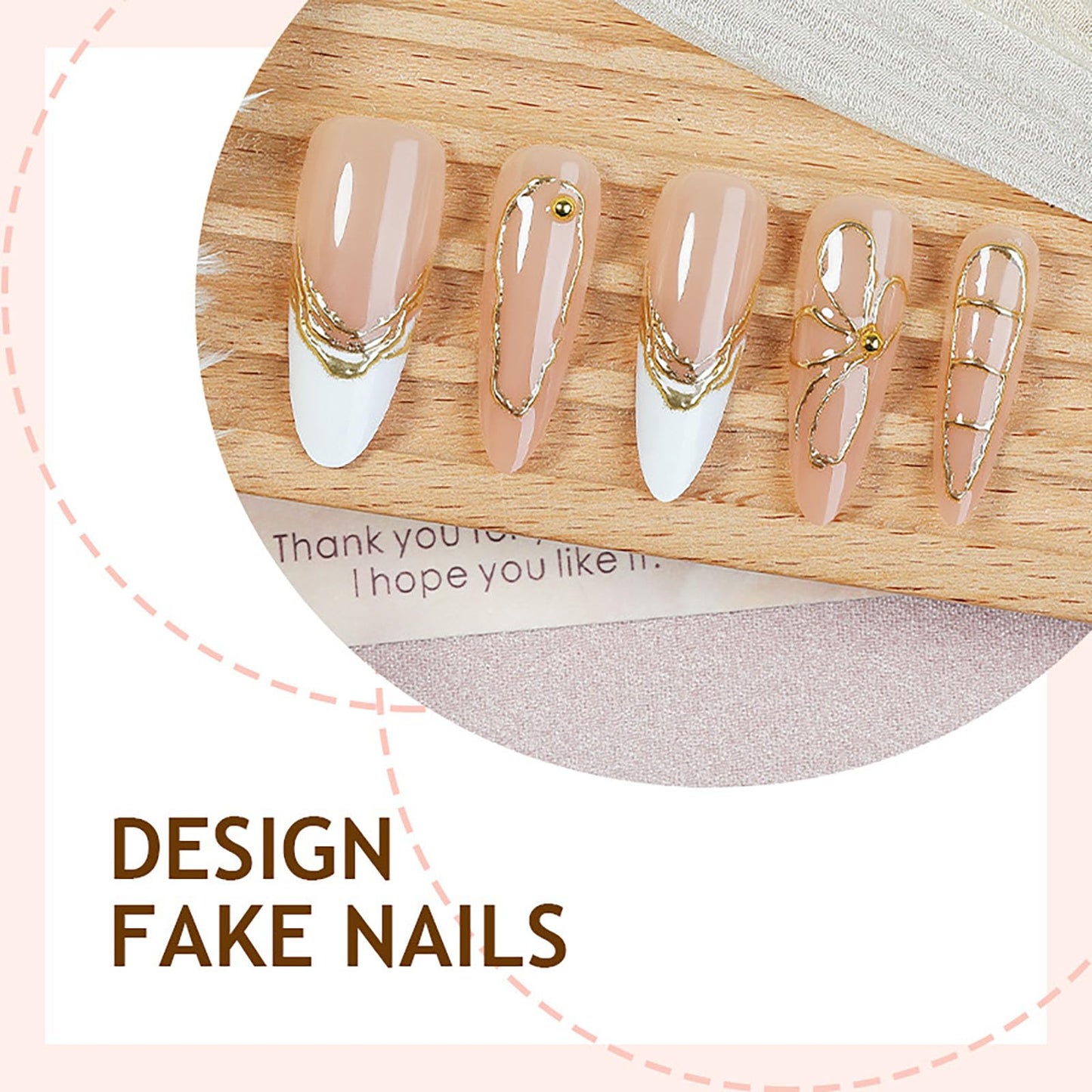 RUOKEXIN Long Stiletto Press on Nails French Tip Fake Nails Nude False Nails with Gold Flower Designs Almond Nail Press ons Sparkly Artificial Nails for Women 30Pcs