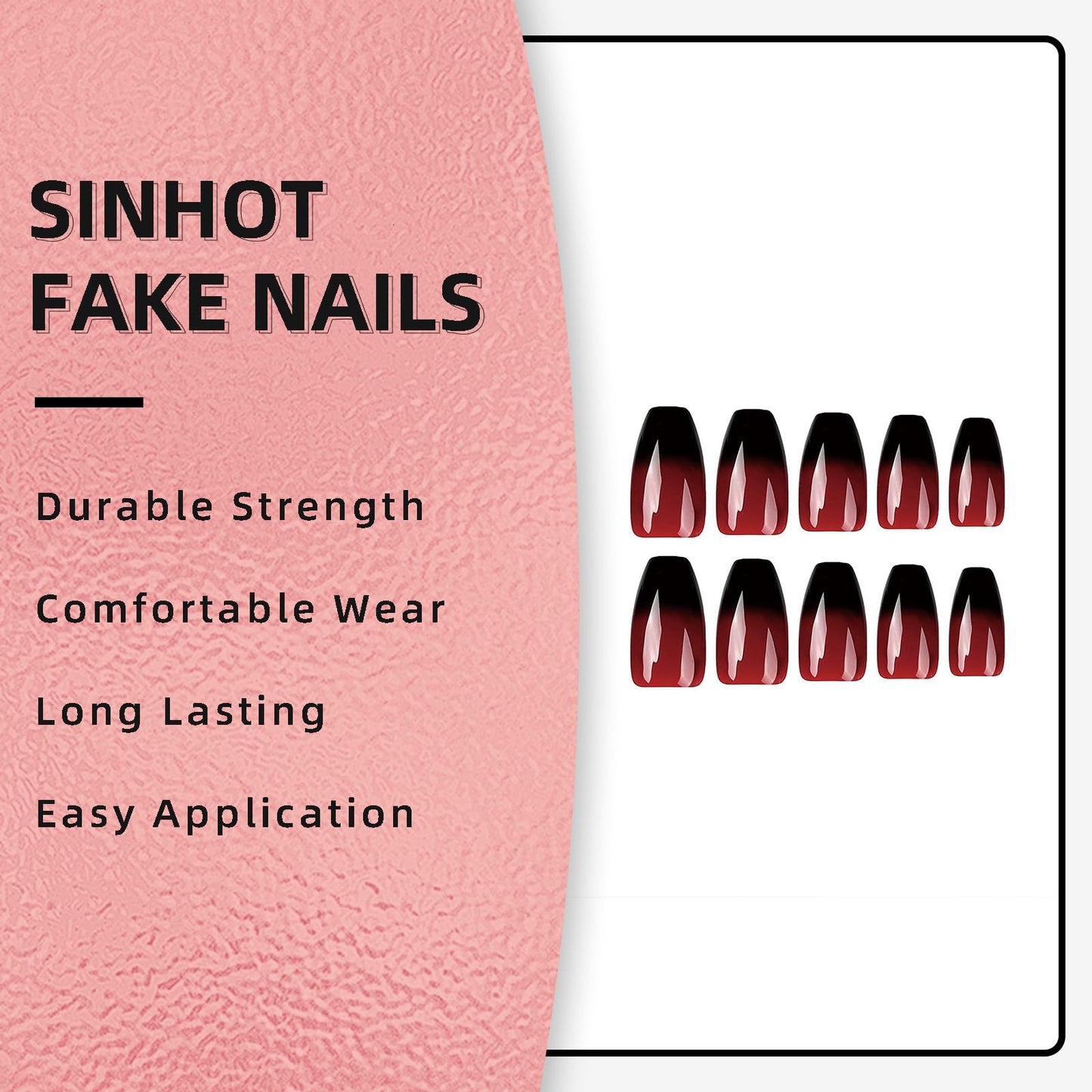 SINHOT Medium Press on Coffin Fake Nails - Black Red Goth Ballerina Acrylic Glossy Glue on Stick on False Nails with Design - 24pcs