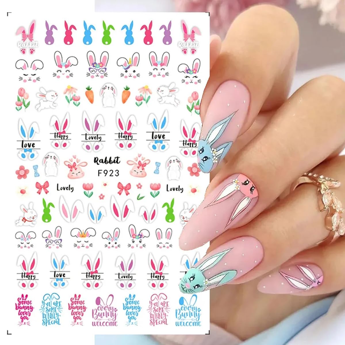 8 Sheets Easter Rabbit Nail Art Stickers Decals,3D Self-Adhesive Nail Art Accessories Cartoons, Rabbits, Animals, Hearts, Flowers,Designs Sticker Lovely Retro Rabbit Manicure DIY Nail Decorations