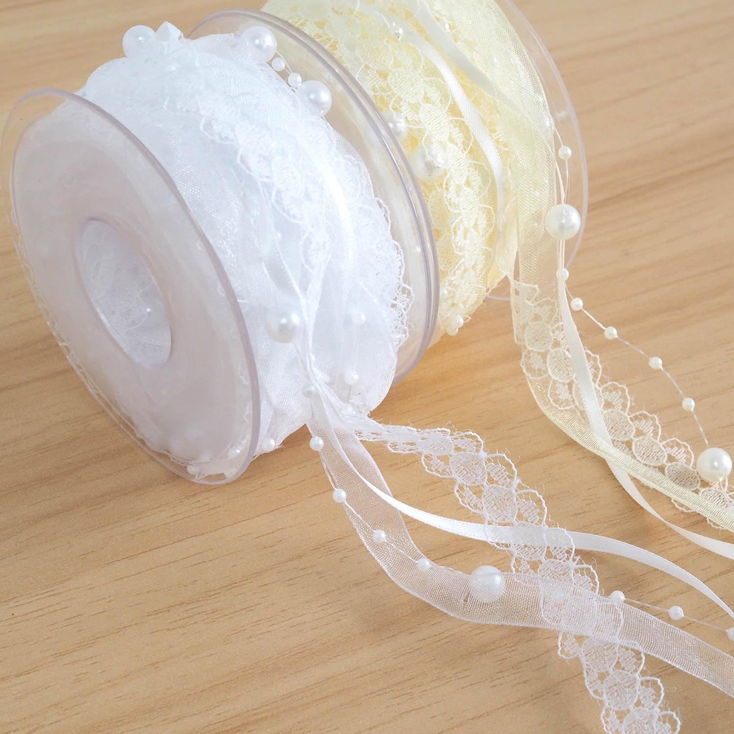 Youmeizer 5M /5.5 Yard 4-in-1 Pearl String Satin Ribbon Lace Organza for Wedding Flower Christmas Tree Decoration Sewing Craft Packaging (White)