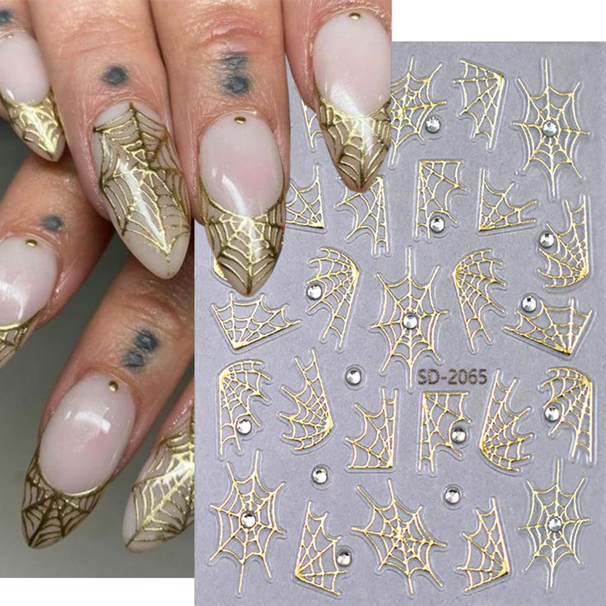 2 Sheets Halloween Nail Stickers for Nail Art 5D Embossed Self-Adhesive Spider Web Nail Art Stickers Black Silver Gold Glitter Spider Web with Diamond Nail Design Halloween Nail Decals for Women Nails