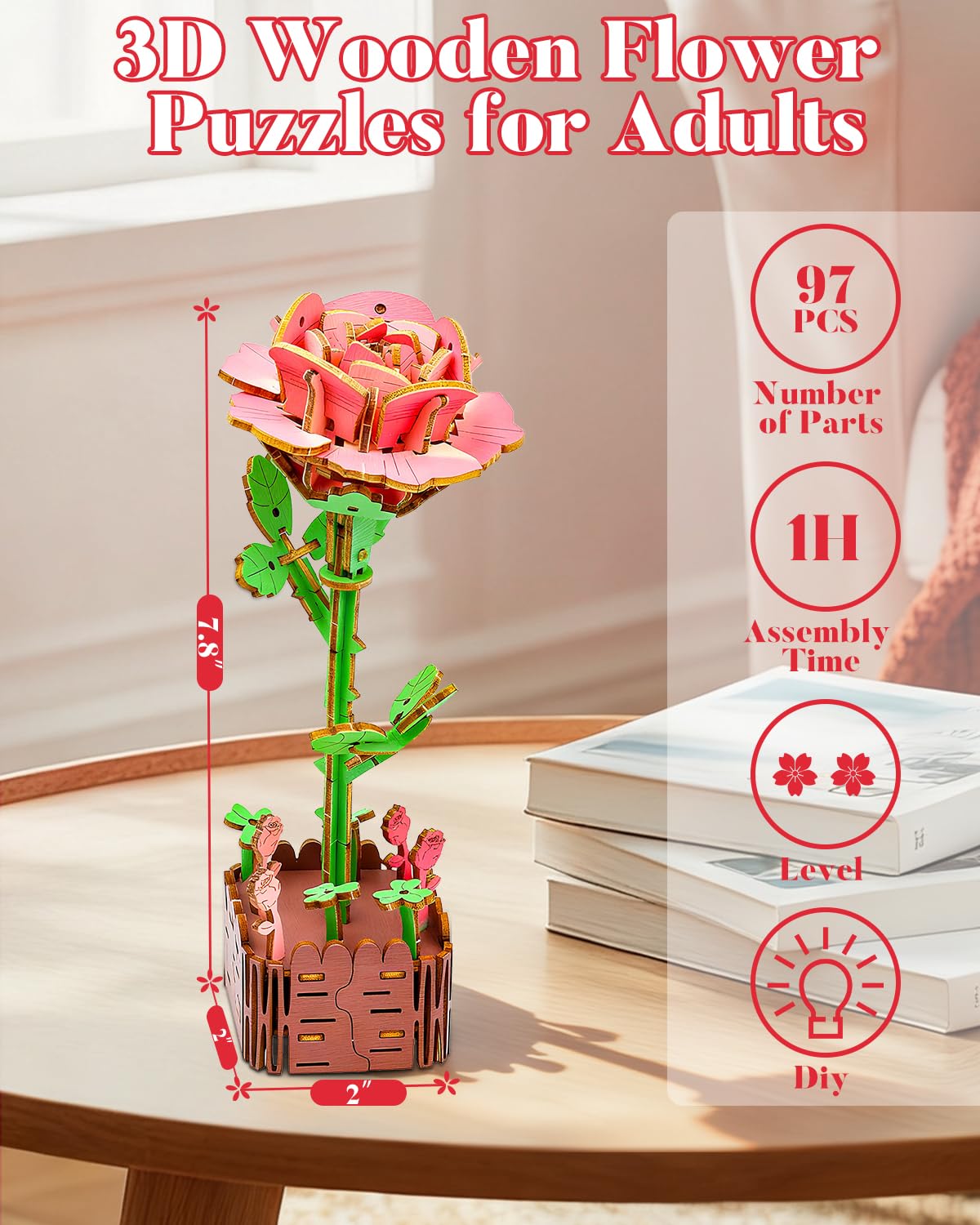 aeloer 3D Wooden Flower Puzzles for Adults - Pink Rose, DIY Model Kit Building Set, Creative Craft for Adults, Unique Botanical Home Office Decor & Relaxing Gift Idea