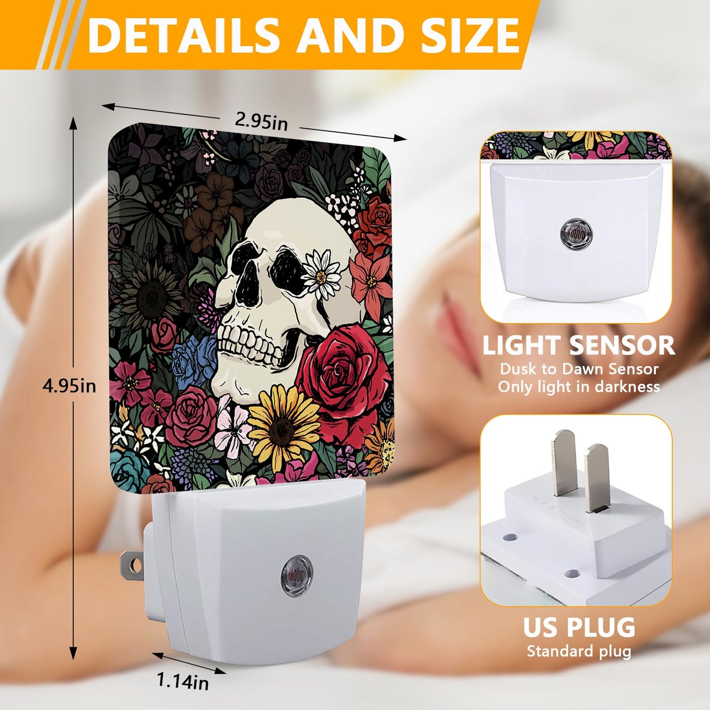 GANTINIR Halloween Skull Night Light, Plug-into Skeleton Flower Floral Nightlight White LED Lamp, Energy Efficient Decor Desk Lamp for Bedroom Hallway Stairs Bathroom