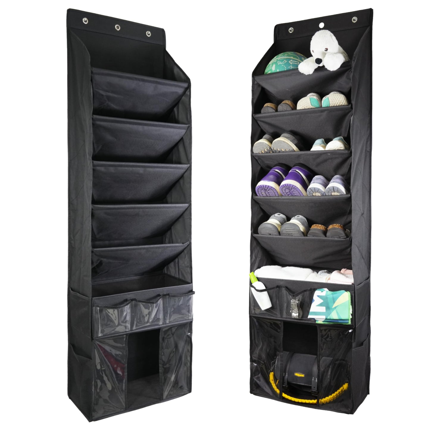 3in1 Over The Door Shoe Organizer with 5 Slanted Compartments,Removable Storage Bin & Transparent Pockets,Thickened Waterproof Oxford Fabric Shoes Rack for Shoes,Boots,Toys,Daily Essentials. (Black)