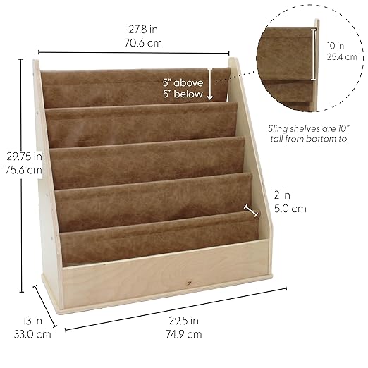 Factory Direct Partners Rustic Kid Birch Sling Book Display; Distressed Faux Leather 4-Shelf Storage for Books or Magazines; Furniture for Bedroom, Playroom, Daycare or Classroom - Pecan, 13745-321