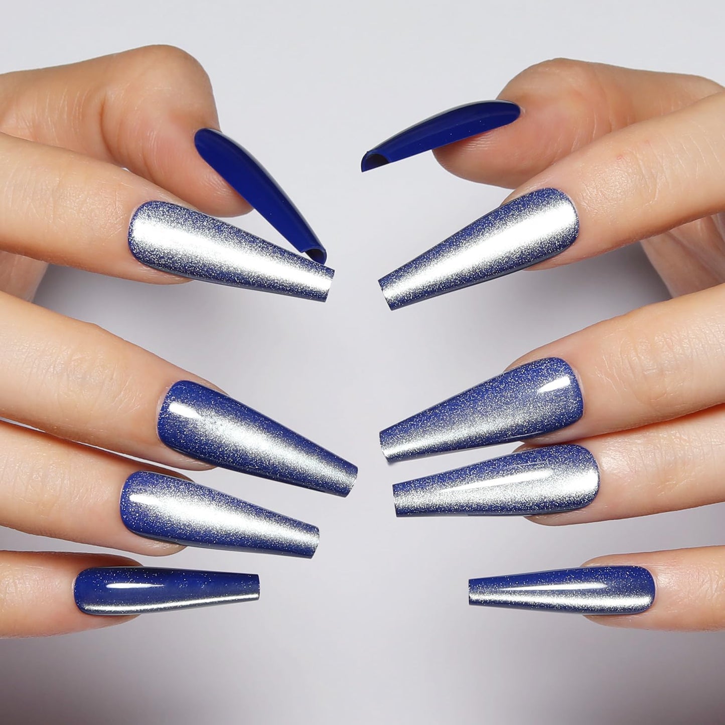 Handmade Press on Nails - Sea Blue Long Fake Nails | Velvet Effect Design False Nails | Glossy,Glitter,Gradient Color,Reusable Acrylic Nails | 12 Sizes - 24 Nail Kit with Jelly Glue