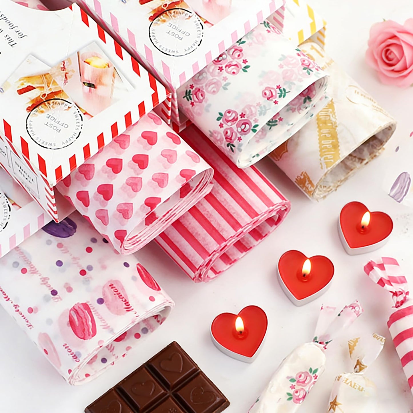 5 Boxes 250 Sheets Wax Paper Sheets Heart & Rose & Line Pattern Greaseproof Basket Liners Sandwich Burger Chips Cookies Food Grade Deli Wrap Paper Baking Parchment 8.5 x 9.8 in