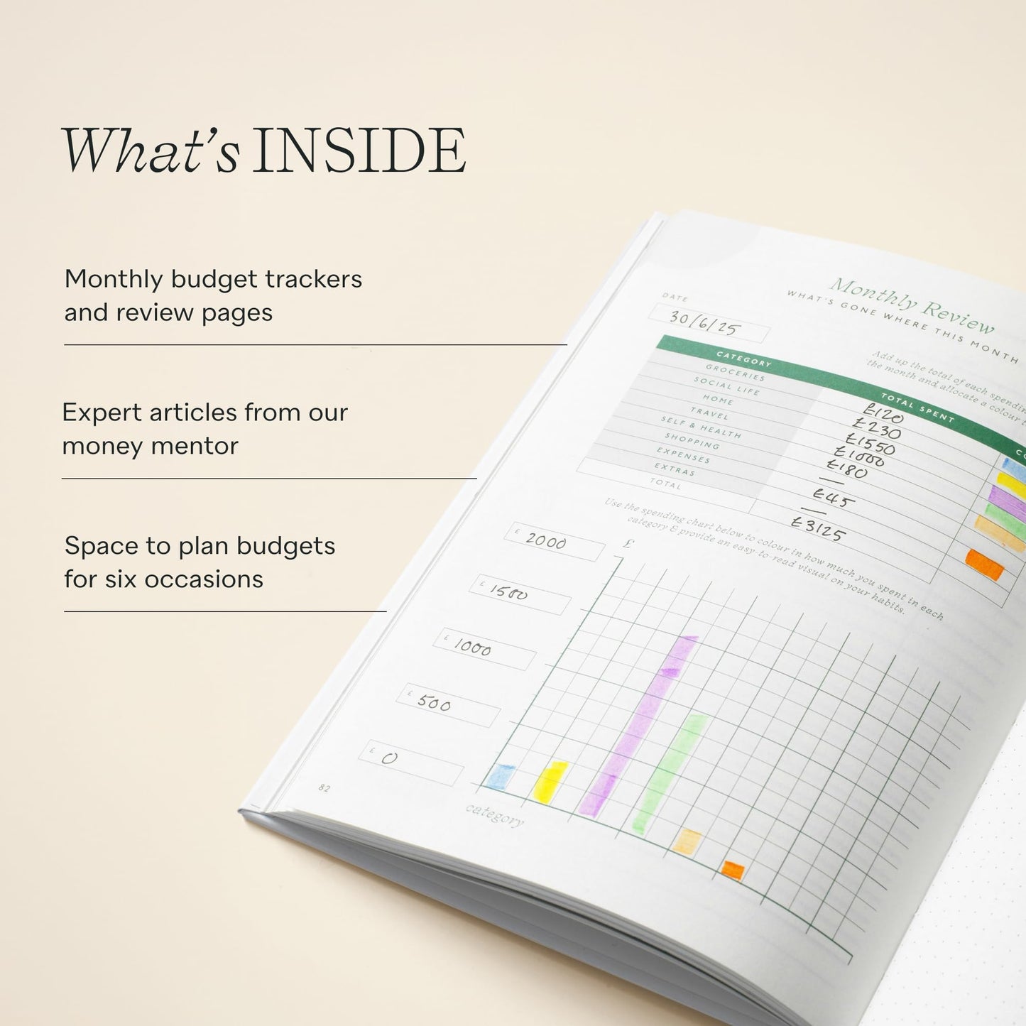 Papier Shine Finance Planner - Olive Hardback | Track Expenses, Savings, Outgoings | Undated | Includes Money Tracker, Daily & Monthly Calendar, & Monthly Budget Section | Budgeting Gift For Students
