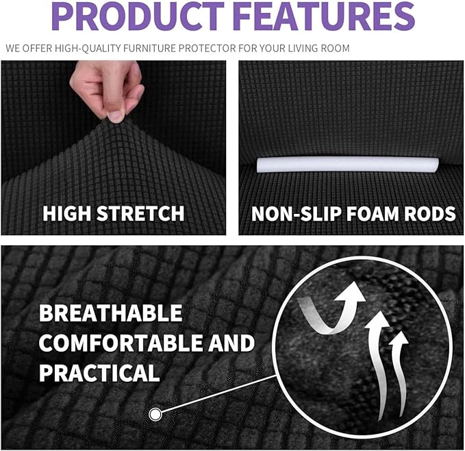 ZNSAYOTX Super Stretch Couch Cover (72"-92") Universal Sofa Covers with Elastic Bottom, Dog Cat Pets Friendly Washable Furniture Protector Fitted Sofa Slipcovers Stay in Place (Black, Sofa)