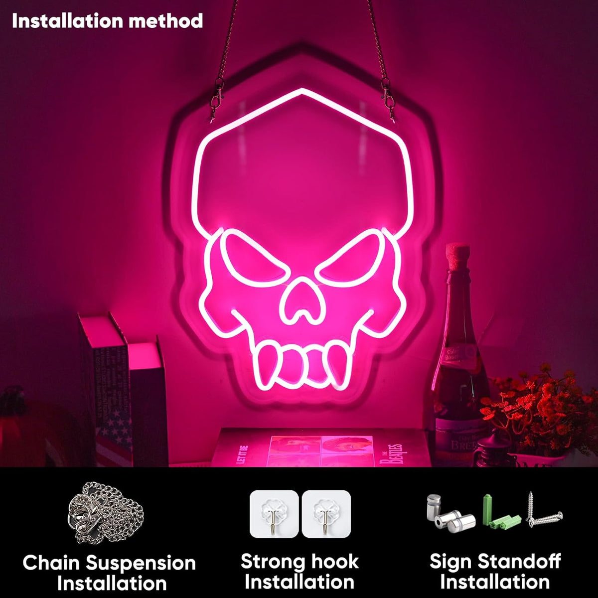Dimmable Skull Neon Sign,Halloween Pink Neon Sign Light for Wall Decor, Skeleton LED Neon Sign for Beer Bar Bedroom Art,Skull Head Neon Lights Suitable for Computer Room, 5V USB Power 15.75 * 11.8in