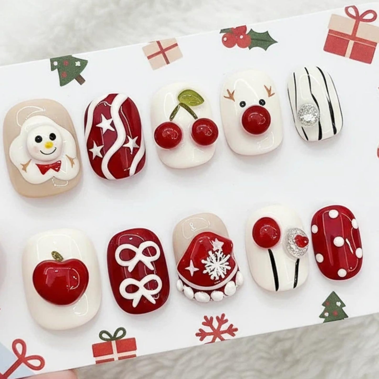 Tesytto Handmade Press on Nails Short Oval - Cute 3D Cherry Design, Red & White Kawaii Multi-Layer Gel False Nails, Salon Quality Reusable Nails (Cute Snowman,S)