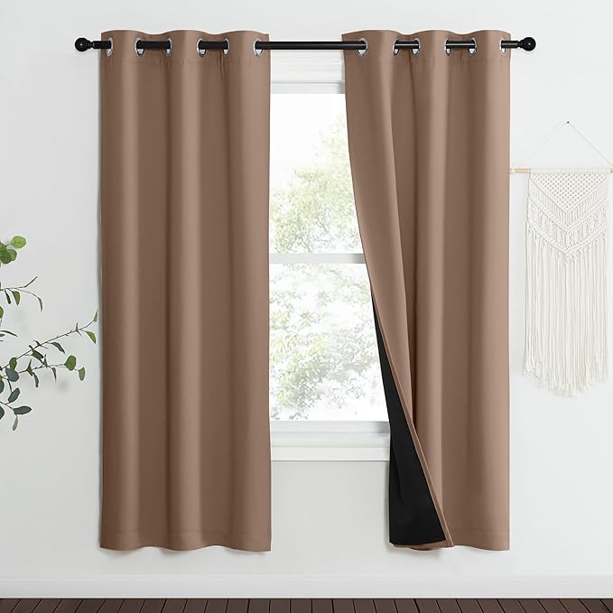 NICETOWN 100% Blackout Curtains Thermal, Noise Reduction and Privacy Curtains for Patio Door, Black Lined Blackout Drapes with Grommet Top, Cappuccino, 1 Pair, W37 x L70