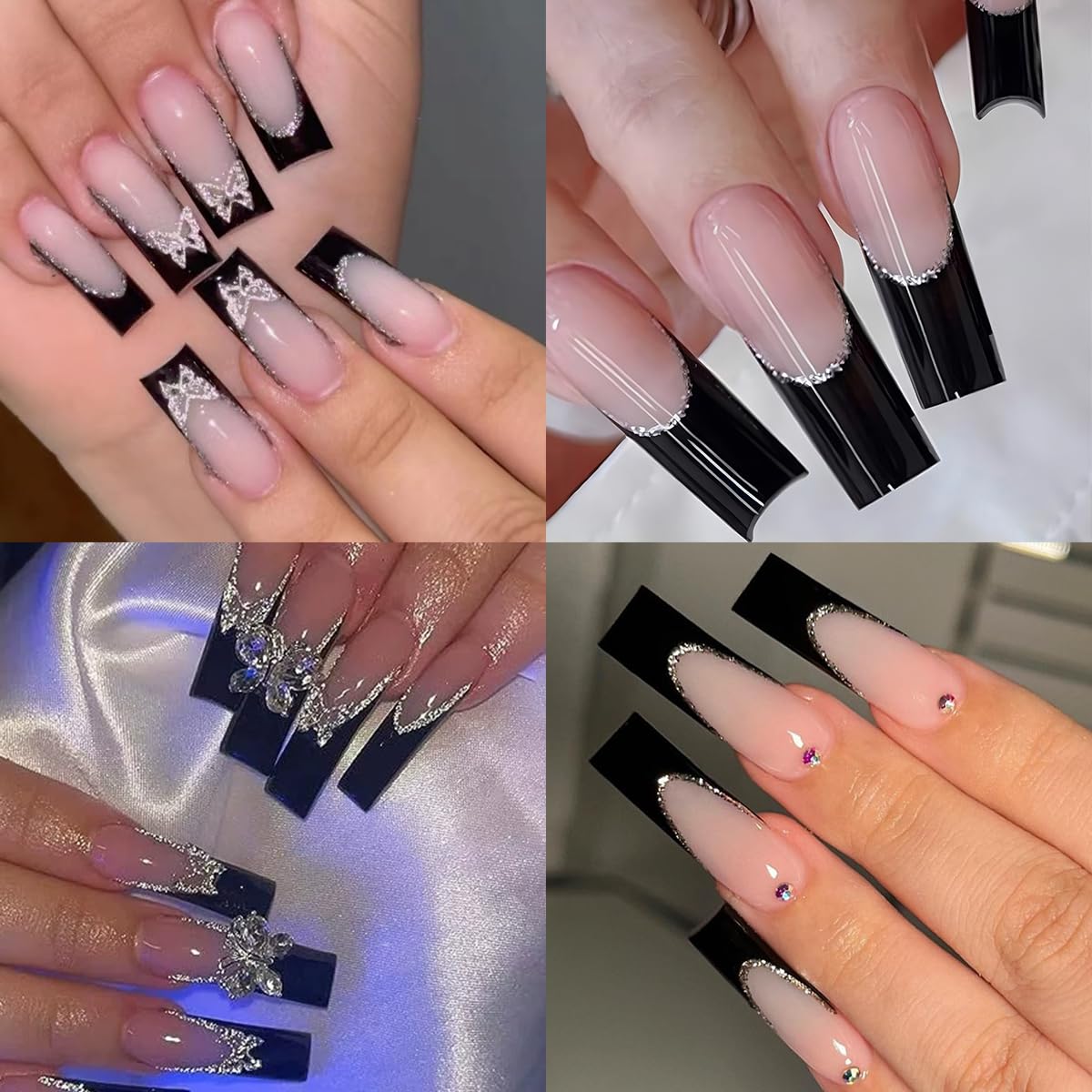 120 Pcs French Tip Press on Nails Long Square Fake Nails Black Tip False Nails with Designs Silver Glitter Line Glossy Glue on Nail Reusable Full Cover Acrylic Nails Stick on Nail for Women Manicure