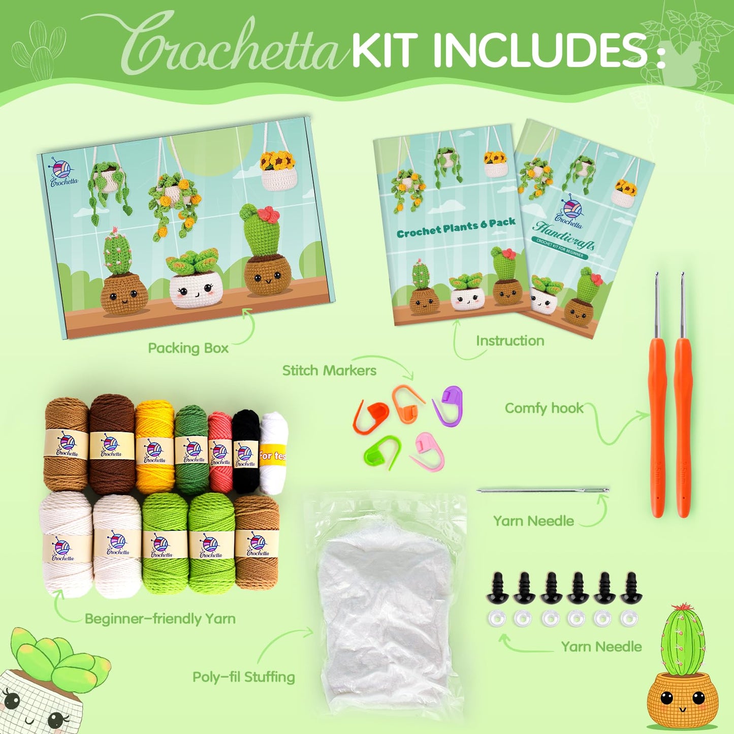 Sewkitta Crochet Kit for Beginners, Crochet Starter Kit w Step-by-Step Video Tutorials, Beginner Crochet Kit for Adults Kids Women Men Complete Kit Included (Plant 6Pack)