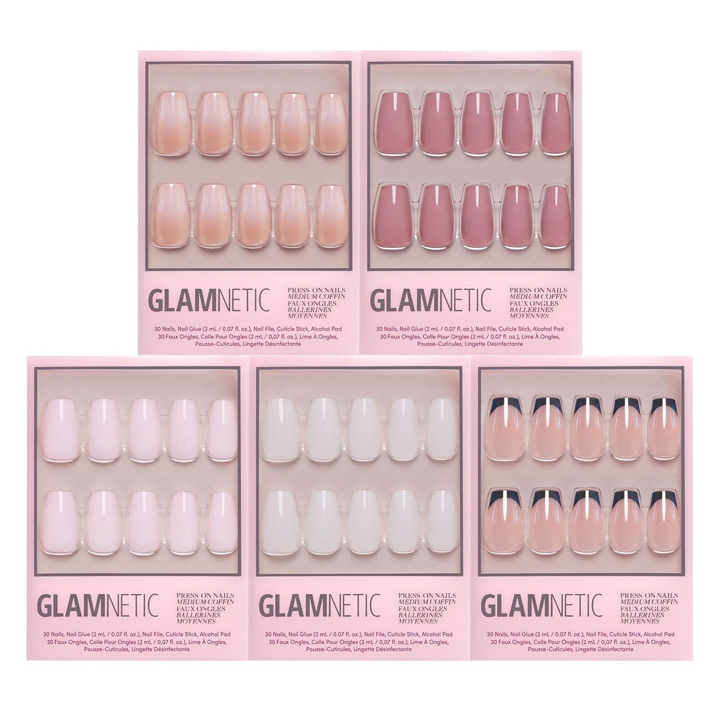 Glamnetic Medium Coffin Press-On Nails Bundle - Blush Dream, Oat Milk, Balsamic Glaze, & Delicate Touch | Milky Pink Fake Nails | Milky White False Nails | Glazed Black French Tips | Glazed Nude Nails