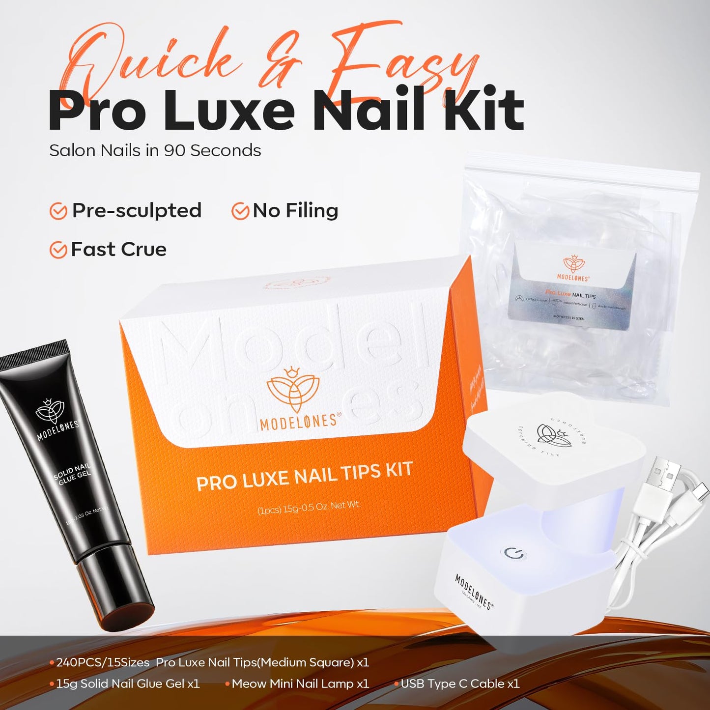 modelones X Nail Gel Kit Square, 15Sizes False Nail Tips Instant Apex Solid Glue & Mini LED Light, Medium Square Pre-Building Thick Acrylic Press on Tips U/V Lamp Extension Kit Women Gift 240Pcs