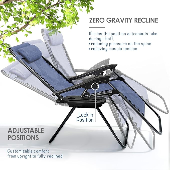Nestl Zero Gravity Chairs Set of 2, Patio Lounge Chair Outdoor with Pillows & Cup Holder Trays, Adjustable Steel Mesh Reclining Camping Chair, Folding Patio Lawn Chair for Deck, Beach, Yard - Blue