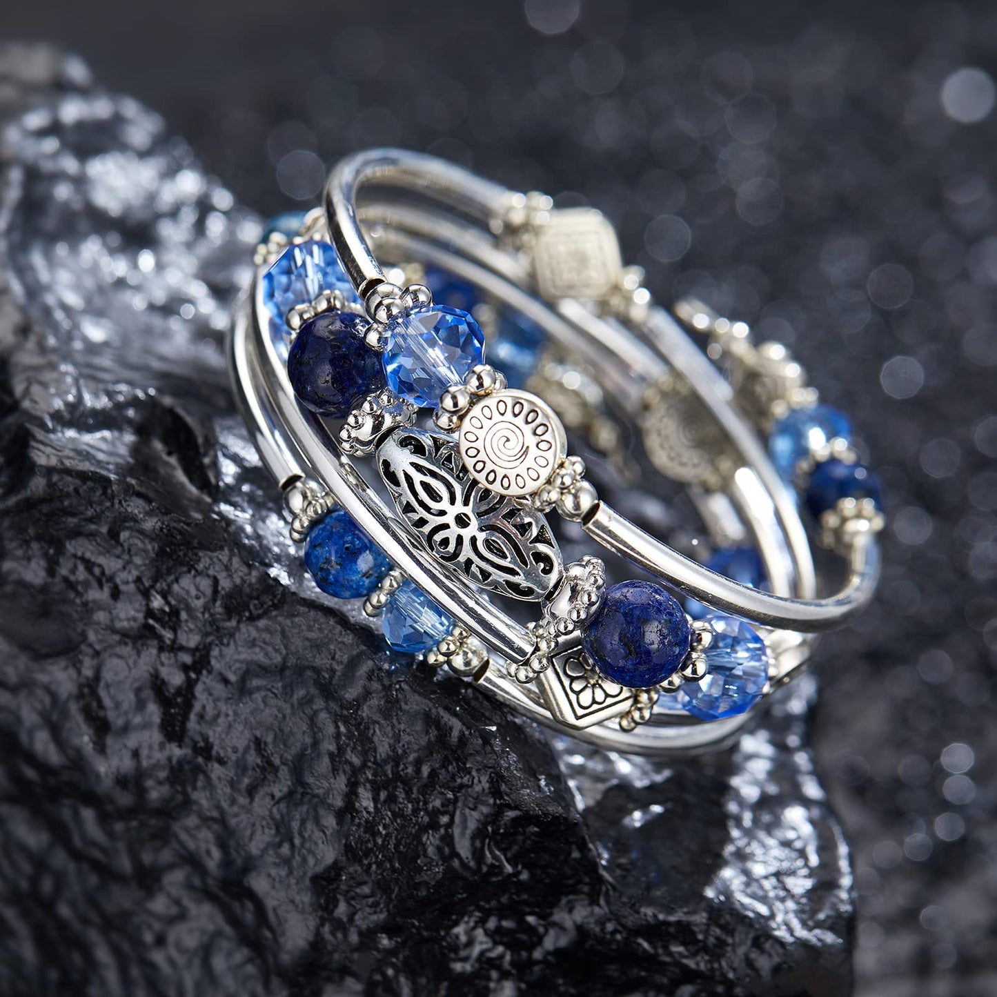 FULU AUTUMN Stackable Beaded Bracelets for Women Boho Wrap Silver Bracelet Layered Fashion Jewelry Gifts for Her(Sapphire)