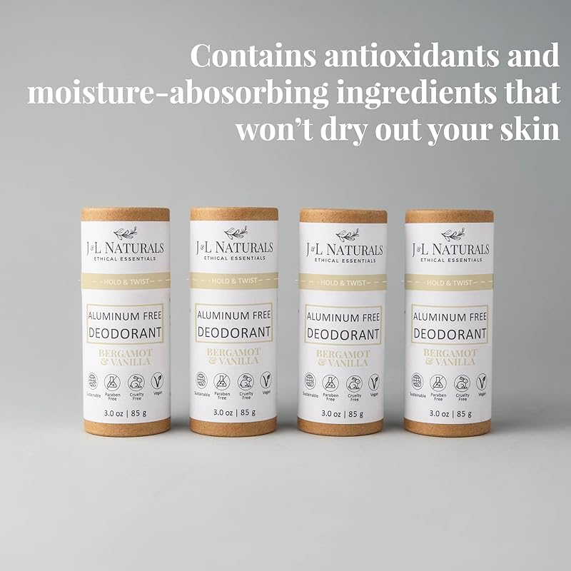 J&L Naturals Aluminum Free Deodorant for Men & Women | 100% Natural Ingredients With Coconut Oil, Shea Butter, & Essential Oils | Sustainable, Eco-Friendly (Bergamot & Vanilla, 3.0 Oz (Pack of 4))