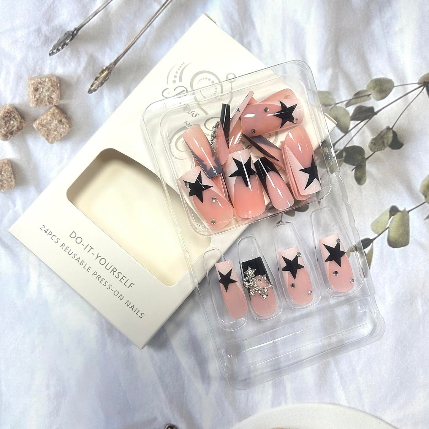 French Press Nails - Pink Stars Rhinestones Design, Medium Size, Full Cover Artificial Nails, 24 Pcs