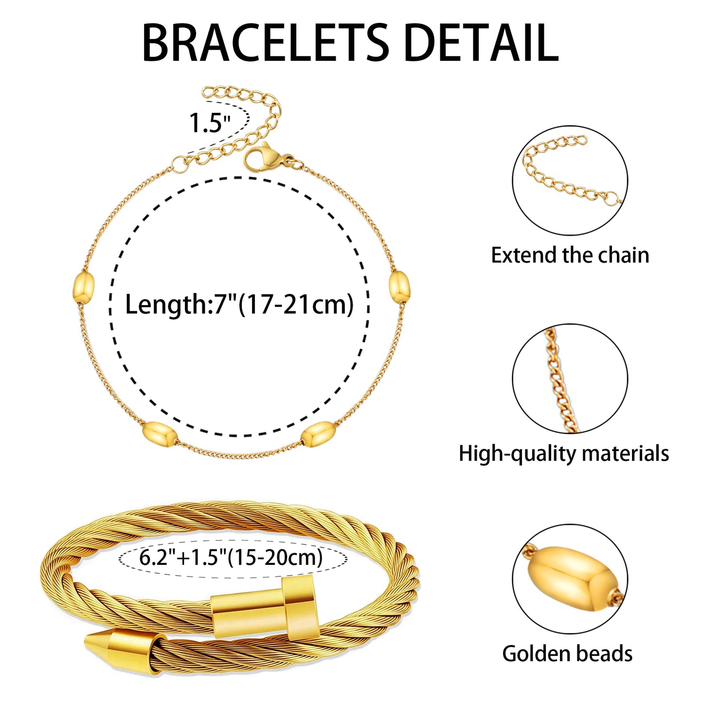LCTrusttmor Gahna 18K Gold Plated Beads Bracelets for Women, Stackable 18K Gold Plated with Adjustable Link Chain Set Dainty Trendy Jewelry Gifts