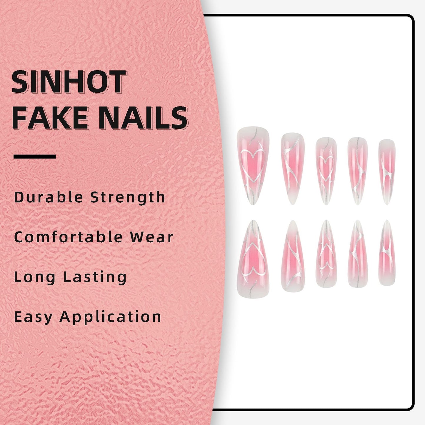 SINHOT Stiletto Press on Nails - Long Fake Nails, Glossy Finish, Pink Ombre & Silver Mesh Line, DIY Artificial False Nail Art - 24 Pcs Nail Kit with Glue