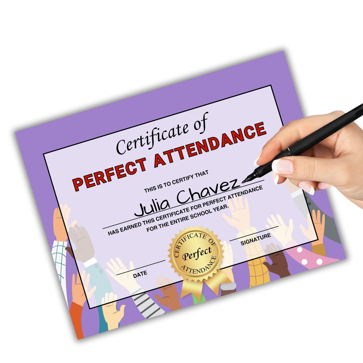 Perfect Attendance Certificate Award | 50 pk 8.5x11” Best Goal Participation Graduation Diploma Elementary Middle School Paper Superlatives