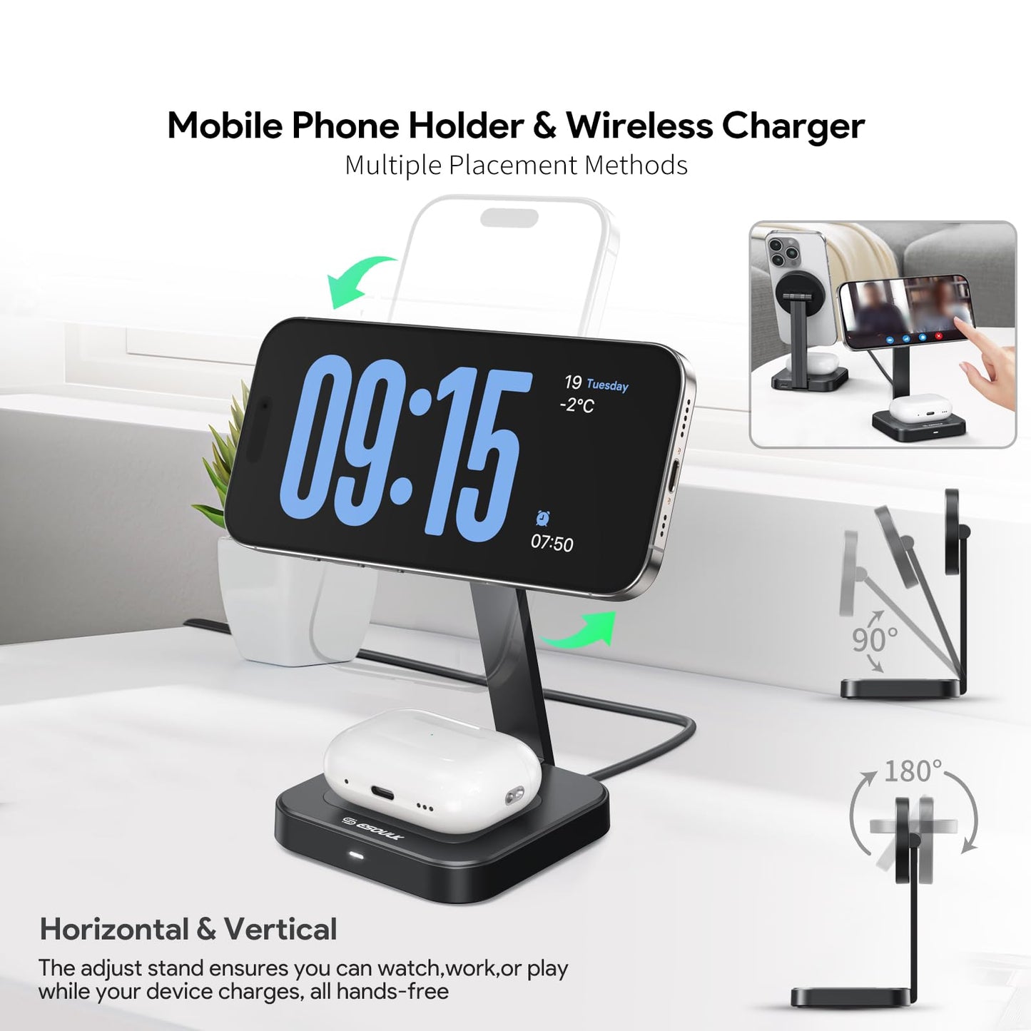 Esoulk 2 in 1 Magnetic Wireless Charging Station, Foldable Charger Stand for iPhone 17/16/15/14, AirPods Charging Pad, Travel Compact 15W Fast Wireless Charger