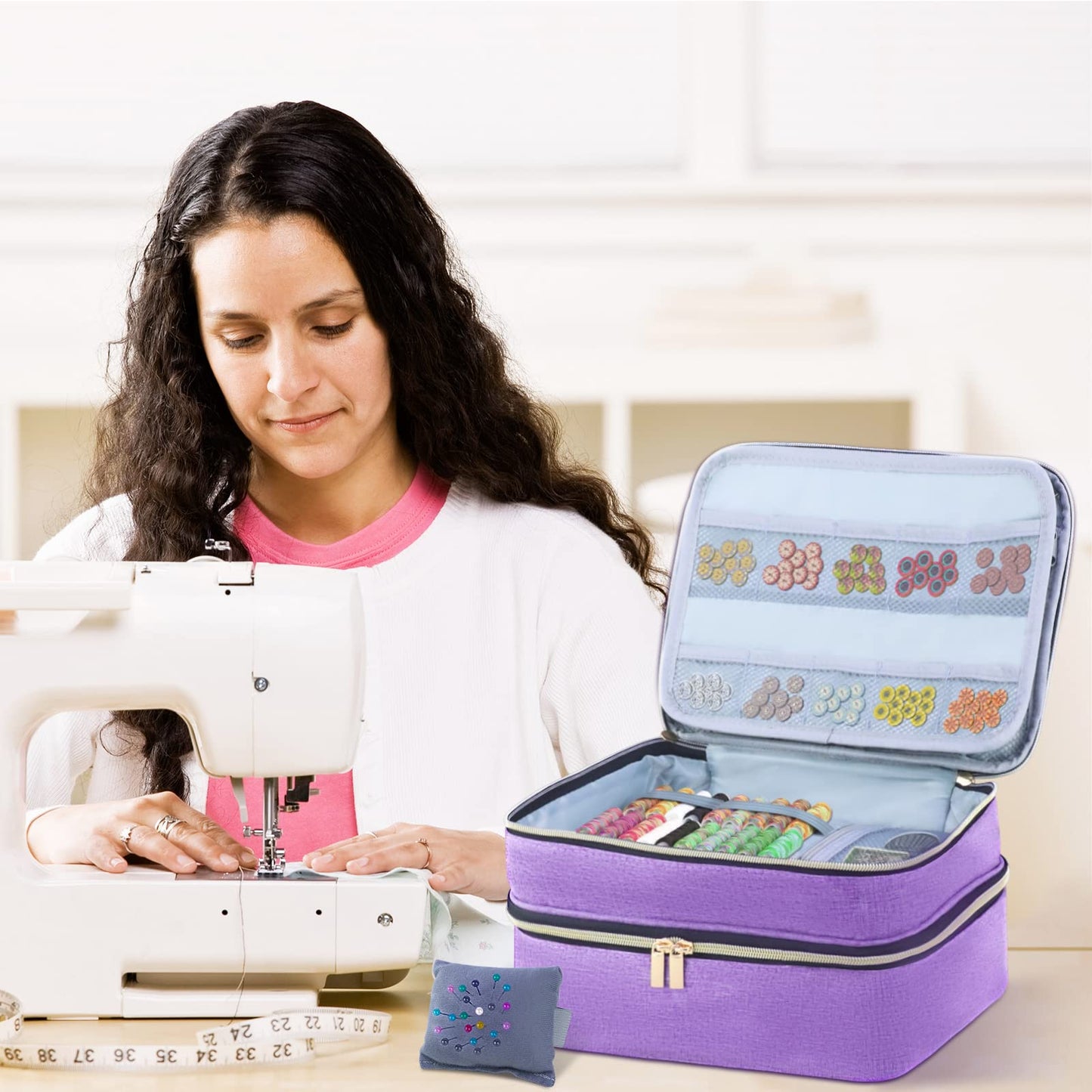 Sewing Organizer Bag - 11.5"x8"x6" Double-Layer Sewing Box with Storage for Scissors, Thread, Pins, Needles, Clips (Purple)