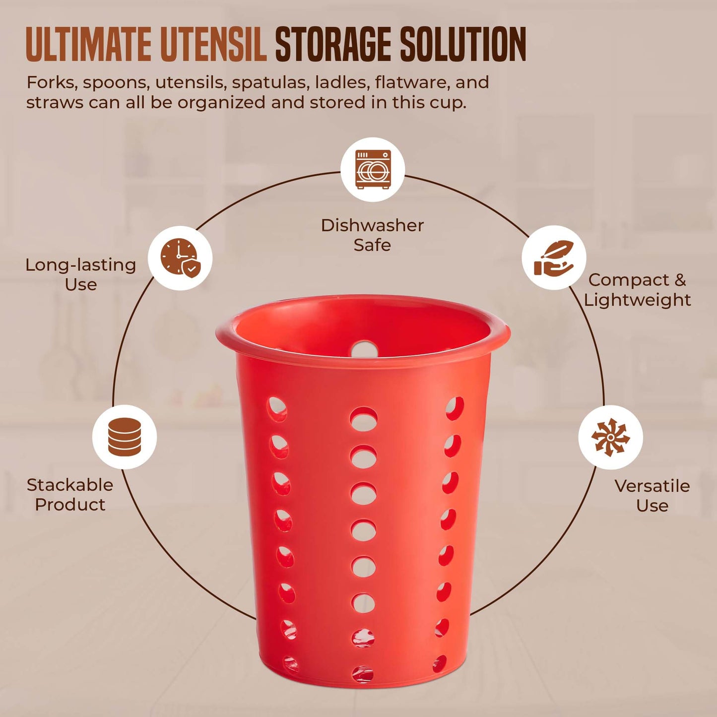 OCS Parts Perforated Utensil Drying Cups | Red | Set of 3 | Plastic Flatware Holder Cylinders for Kitchen Counter Organization