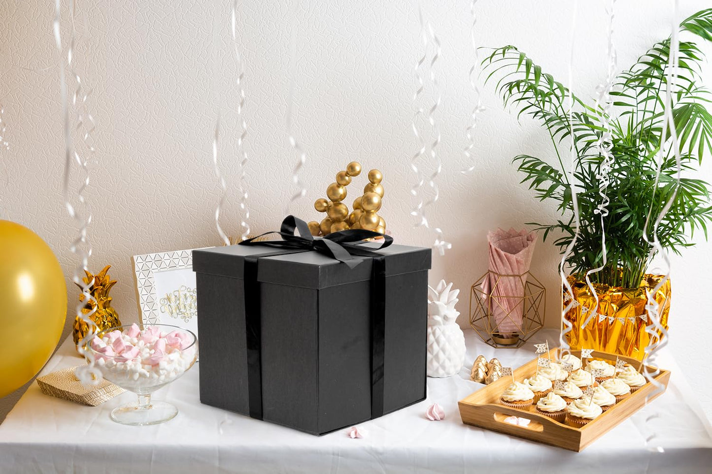 Jaywayang 10" Large Gift Box with Lid and Ribbon, Black Gift Box with Paper Filler for Birthday, Wedding, Valentine's Day, Father's Day, Anniversarry Presents Wrapping.