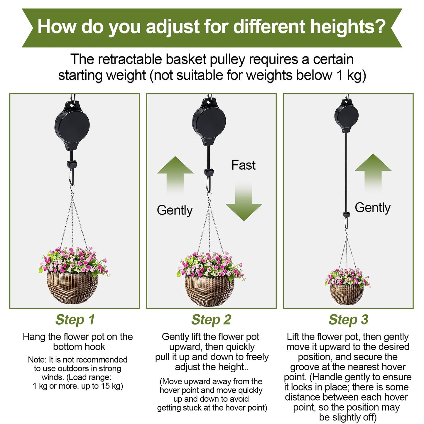 TERVEEX Retractable Plant Hanger with Pulley System, Effortless Raising and Lowering for Indoor and Outdoor Plants, Hanging Planters, Garden Pots & Bird Feeders (4-Pack,Black)