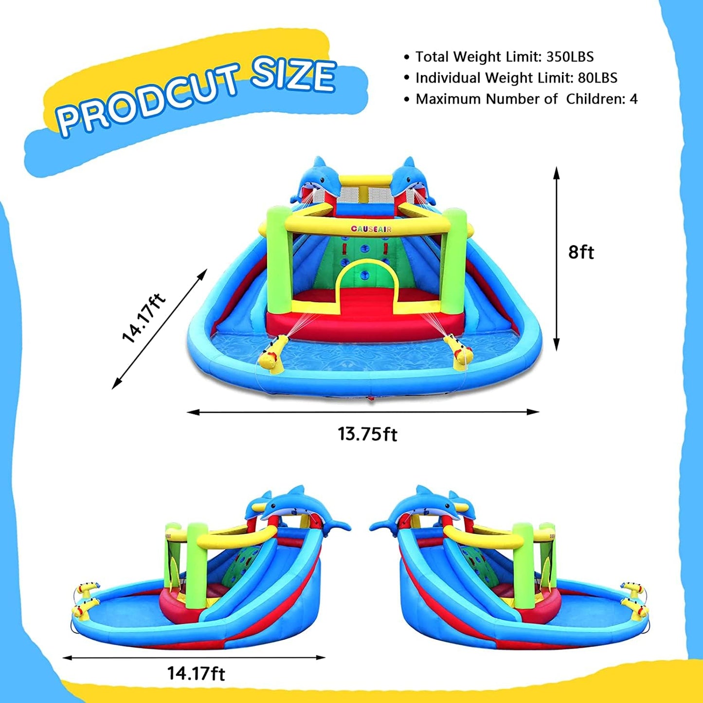 Causeair Inflatable Bounce House with Slide,Dolphin Styling,Splashing Pool,Double Water Cannon,Climbing Wall,Heavy Duty GFCI Blower,Inflatable Water Park Slide for Kids Backyard Summer
