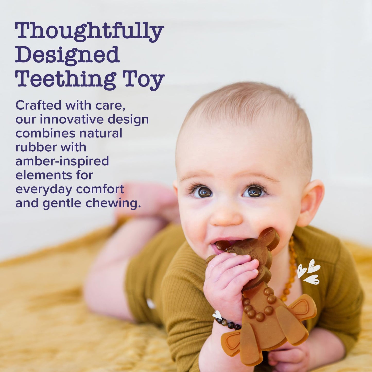 Bambeado LittleBamber Baby Teething Toy - Made with Natural Rubber & Amber Elements - Gentle Support, Easy to Hold, Simple to Clean - Cute Giraffe Teether Toy - Alternative to Amber Teething Necklace