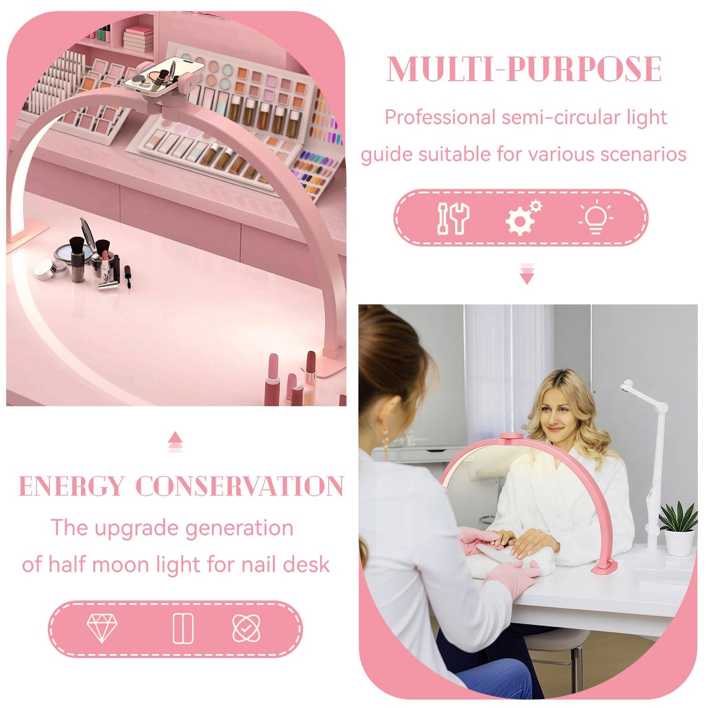 Kadden Foldable Large Half Moon LED Light for Table Nail Desk with Phone Stand, Upgrade Arch Light for Nail Techs with Wire Controller for Manicure Tattoo Beauty (Pink, Large)