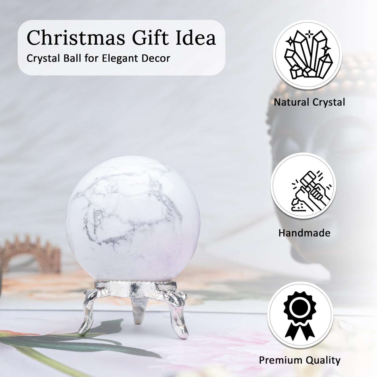 Crocon 45mm Howlite Stone Sphere Ball with Metal Stand 1400+ Carats Gemstone Ball Healing Sphere Sculpture Figurine for Fengshui Divination Home Decoration Photography Crystal Sphere