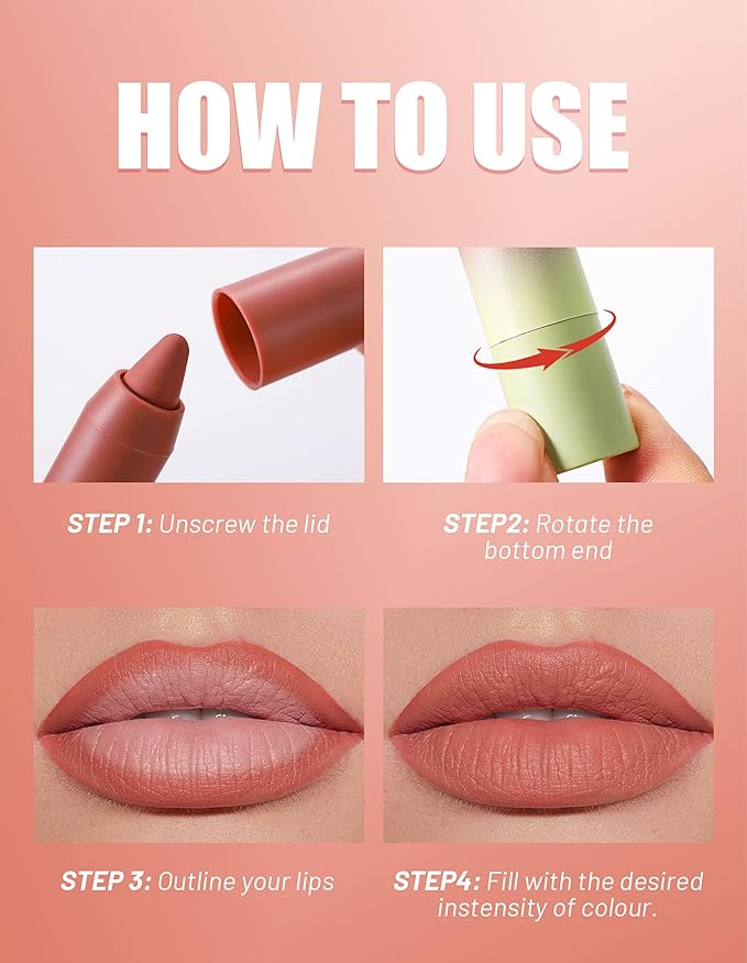 Erinde Matte Lipstick Crayon Set, 4 Colors 24 Hour Long-Lasting Waterproof Velvet Lip Crayons, Warm Red Berry Plum Taupe Brown Nude Brown Neutral Lip Liner Pencil for Women, Vegan & Cruelty-Free